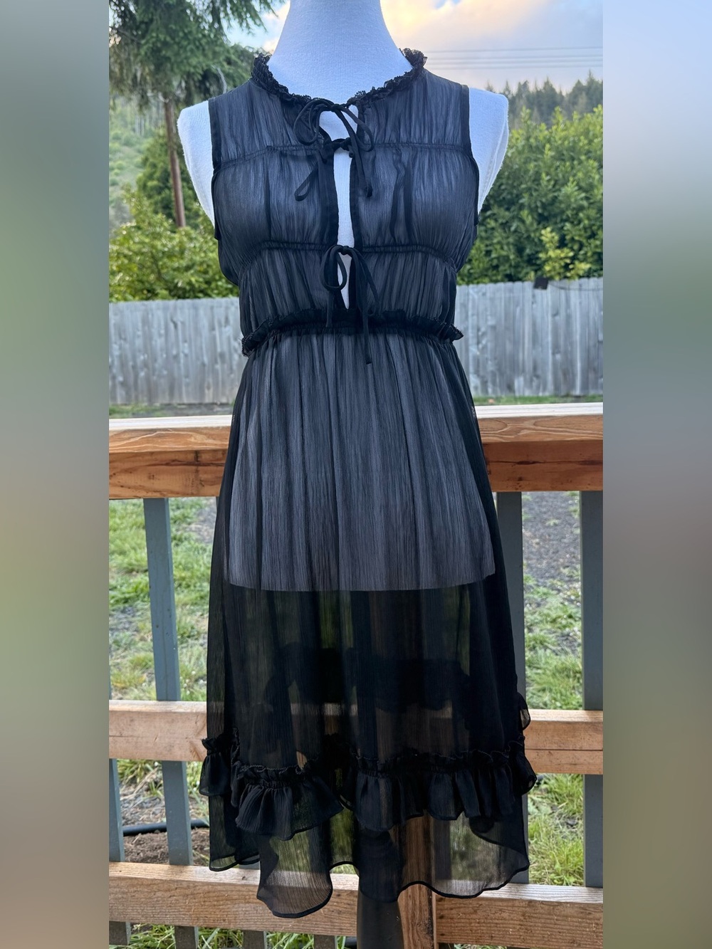 Black Sheer Ruffle Tie Front Midi Dress Boho Fairy Goth M